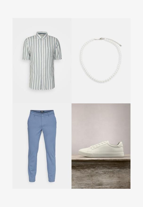 Chemise à manches courtes à boutons, rayures verticales bleu clair et blanches, en coton, poche poitrine unique, col classique et ourlet arrondi.; Pantalon ajusté bleu clair en tissu doux avec une texture lisse. Doté d'un bouton à l'avant, de poches et de détails cousus.; Sneaker en dentelle blanche flottant au-dessus d'un banc en bois avec un feuillage vert en arrière-plan, mettant en valeur le design et la texture de la chaussure.; Collier en perles blanches avec une forme ronde uniforme, surface lisse et fermoir en métal avec une chaîne d'extension pour une longueur ajustable.