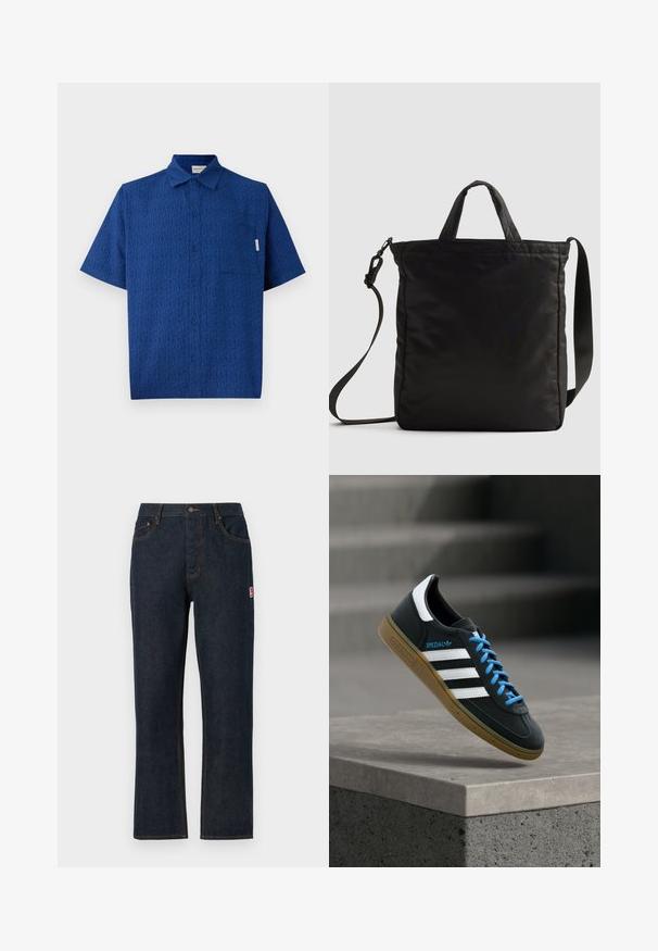 Camisa azul de manga corta hecha de una tela texturizada que presenta un patrón sutil, con botonadura frontal y un solo bolsillo en el pecho.; Vaqueros de mezclilla azul oscuro con piernas rectas, diseño clásico de cinco bolsillos, cierre de botón en la parte superior y costuras naranjas contrastantes. Parche de logo rojo en el lateral.; Zapatilla negra Adidas con franjas blancas, cordones azules y suela de goma flotando sobre un escalón de hormigón gris con luz suave.; Bolsa de mano de nailon negro con asas cortas y una correa de hombro desmontable, que presenta un diseño acolchado elegante y acentos de hardware mínimos.