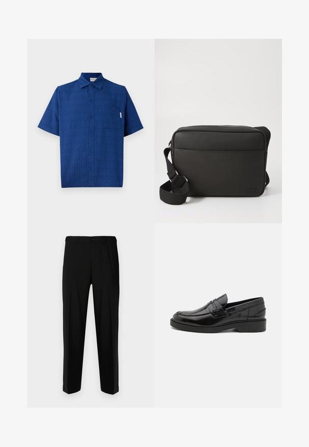 Korte mouwen blauwe shirt van een gestructureerde stof met een subtiel patroon, een knoopsluiting aan de voorkant en een enkele borstzak.; Zwarte broek van gladde stof, met een rechte snit, twee voorzakken en een ritssluiting met knoopsluiting.; Zwarte leren instappers met een gladde afwerking, ronde neus, lage hak en decoratieve stiksels aan de voorkant. Rubberen buitenzool voor grip.; Zwarte schoudertas gemaakt van gestructureerde stof, met een ritssluiting, verstelbare schouderriem en een reliëflogo op het voorpaneel.