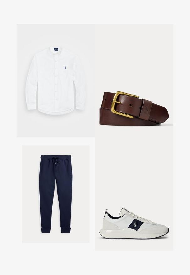 Hvid langærmet skjorte med båndkrave, knaplukning foran og et blåt logo på venstre side. Fremstillet af glat bomuldsstof.; Marineblå joggingbukser med hvide sider, elastisk taljebånd med snøre, ribstrikkede manchetter og en lille broderet logo på øverste del af benet.; Hvid og marineblå sneaker med snørebånd foran, sort sål og Polo Ralph Lauren-logo på den marineblå sideliste.; Brunt læderbælte, snoet med et gyldent rektangulært spænd og en læderløkke med et præget hest og rytter logo.