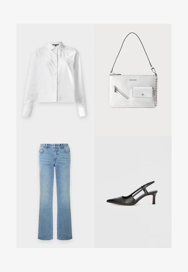 Hvid skjorte med lange ærmer, der har en klassisk krave, to brystlommer og et cropped design. Glat bomuldsstof.; Lyseblå, jeans med lige ben lavet af denim. Har fem lommer, knaplukning og subtil falmning for et brugt look.; Sort læder slingback-sko med spids tå, der har en blank accent på tåhætten og en mellemhøj hæl. Åben sidesektion.; Hvid læderhåndtaske med aftagelig sort rem, forreste lynlåslomme og lille sølvfarvet lomme med kædedetalje.