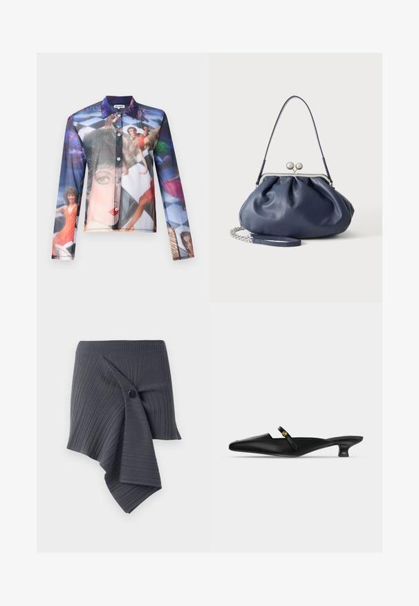 Chemise transparente à boutons avec une impression photographique colorée de personnes dans des poses dynamiques, dotée d'un col classique et de manches longues.; Jupe enveloppante à côtes gris foncé avec un design torsadé et un accent de bouton noir rond. Fabriquée dans un matériau texturé et extensible.; Mule noire à bout pointu avec petit talon kitten et fine bride sur le cou-de-pied ornée d’un petit bouton doré.; Sac à main en cuir bleu marine doux avec fermeture à boucle argentée, une seule bandoulière, et une chaîne de poignet amovible sur fond blanc.