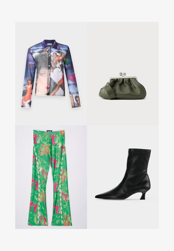 Gennemsigtig skjorte med knapper, der har et farverigt fotografisk tryk af mennesker i dynamiske positurer, med klassisk krave og lange ærmer.; Grønne flared leggings med et blomstret og abstrakt pink mønster. Har udskæringsdetaljer langs siderne og en glat, strækbar stoftekstur.; Sort læderstøvle til midt på læggen med spids tå og lav kittenhæl, vist fra siden på en ensartet lys baggrund.; Olivengrøn læderclutch med ruchet design, sølvmetalramme og dobbelt kugle-lukning. Har en glat tekstur og en bred rem.