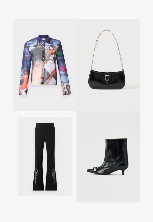 Chemise transparente à boutons avec une impression photographique colorée de personnes dans des poses dynamiques, dotée d'un col classique et de manches longues.; Pantalon noir évasé avec broderie de nœud floral blanc près de l'ourlet sur les deux jambes, avec pli marqué à l'avant et passants de ceinture.; Bottine en cuir noir avec bout pointu, petit talon kitten bas et boucle décorative en argent sur le côté près de l'orteil.; Sac à épaule en cuir verni noir avec détail de boucle argentée et bandoulière en chaîne argentée, présenté sur un fond uni clair.