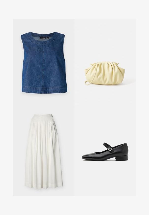 Blauwe denim mouwloze top met een ronde halslijn, rechte snit en subtiele stiksels langs de randen. Merkenlabel zichtbaar.; Lange witte geplooide rok met aangesloten tailleband en brede zoom, getoond op een effen achtergrond.; Zwarte leren Mary Jane schoenen met een gepatenteerde neus, verstelbare enkelband en lage blokhak. Een gladde textuur en een elegante uitstraling.; Geel geplooide handtas van soepel nepleer, met een zachte vorm, een enkele schouderriem en een verzameld ontwerp aan de bovenkant.