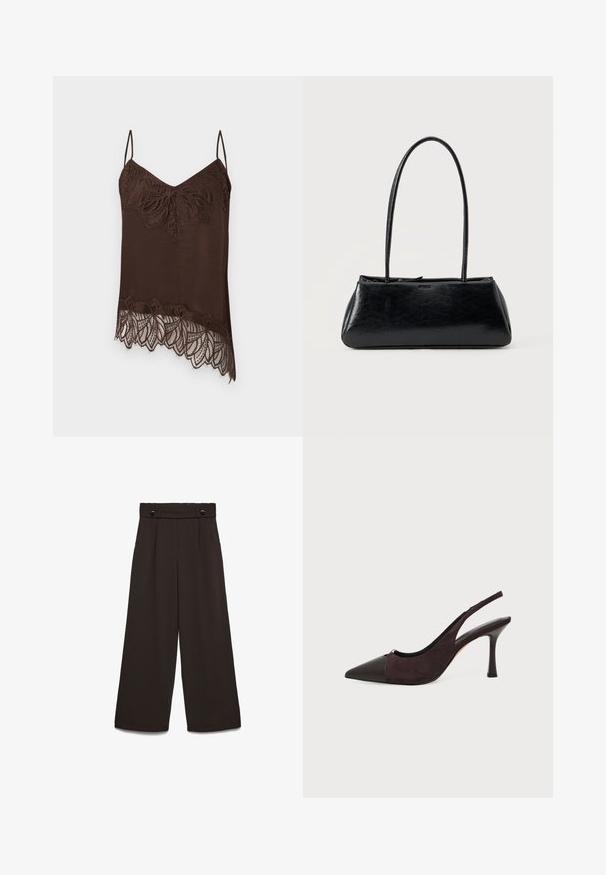Camisole marron à fines bretelles, avec un bord en dentelle au niveau du décolleté et de l'ourlet. La dentelle présente un motif floral pour plus de détails.; Pantalon à jambes larges en tissu marron foncé, avec une taille haute, deux poches avant et deux boutons à l'avant pour la fermeture. Texture lisse.; Chaussure à talon haut slingback en cuir et daim noir et marron foncé, avec un bout pointu et un talon aiguille fin sur fond blanc.; Sac à épaule rectangulaire noir avec de longues bretelles fines et une texture lisse et brillante sur un fond uni.
