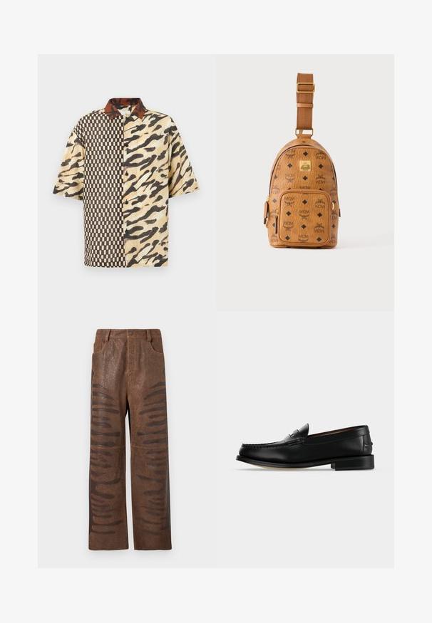 Chemise à manches courtes avec boutons, imprimé animal abstrait marron et beige d'un côté et motif à carreaux de l'autre, avec un col contrastant.; Pantalons en simili cuir marron avec une finition texturée, dotés de découpes horizontales allongées le long des côtés et d'un design à jambes droites.; Mocassin homme en cuir noir avec un petit talon et une couture de style mocassin sur l'avant, vu de côté sur un fond uni.; Petit sac bandoulière en cuir beige avec bandoulière réglable, poche zippée à l'avant et motif répété du logo noir MCM.