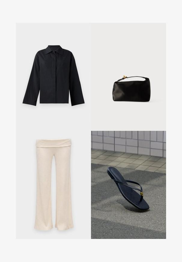 Chemisier court noir à rayures, avec col pointu et manches longues et larges ; fabriqué en tissu lisse, présentant des rayures verticales pour le détail.; Pantalon large en maille côtelée couleur crème avec une ceinture à revers, présenté sur fond blanc.; Tongs en cuir noir avec une boucle décorative dorée, reposant sur un pavement texturé près d’un mur carrelé en extérieur.; Pochette en satin noir avec une forme arrondie, une anse supérieure et un fermoir en doré. Texture lisse avec un design minimaliste.