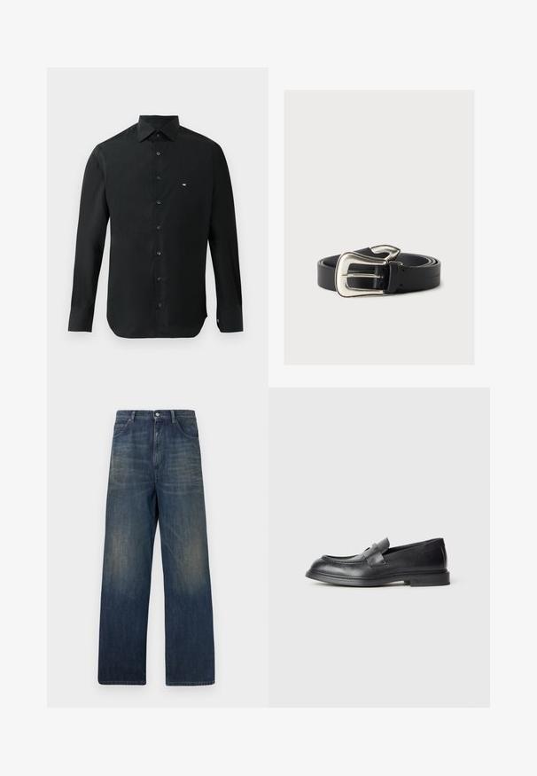 Sort langærmet skjorte lavet af glat stof, med en spids krave, knaplukning og et lille hvidt logo på venstre bryst.; Mørkeblå denimjeans med lige ben, falmede områder på lår og foran lommer, knaplukning og bæltestropper.; Sorte læder loafers med en struktureret finish, der har en dekorativ frontrem og en rundet tå. Gummisål for holdbarhed.; Sort læderbælte med en stor sølv western-stil spænde, sammenrullet på en neutral baggrund.