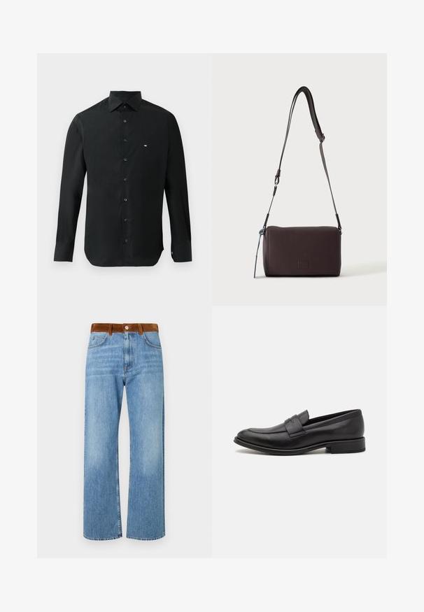 Zwarte longsleeve shirt van gladde stof, met een puntige kraag, knoopsluiting en een klein wit logo op de linkerkant van de borst.; Lichtblauwe denim jeans met een rechte pijpdesign, voorzien van een bruine suède tailleband, voorzakken en een rits sluiting.; Zwarte leren loafers met een gladde afwerking, een decoratieve band over de bovenkant, een ronde neus en een lage gestapelde hak.; Donkerbruine gestructureerde leren crossbodytas met verstelbare riem en klein decoratief blauw accent aan de zijkant.
