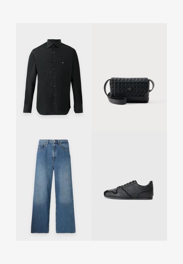 Zwarte longsleeve shirt van gladde stof, met een puntige kraag, knoopsluiting en een klein wit logo op de linkerkant van de borst.; Lange blauwe denim jeans met een klassiek vijf-pocket ontwerp, voor sluiting met een knoop en een lichte vervaging voor textuur.; Zwarte sportieve schoenen met een gladleren bovenwerk, subtiele textuuraccenten en een contrasterende zwarte suède neuskap. Voorzien van een rubberen zool.; Zwarte crossbodytas met een gestructureerd oppervlak, een klepsluiting en een klein metalen logo aan de voorkant, afgebeeld tegen een effen achtergrond.