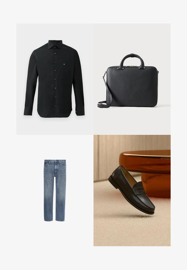 Zwarte longsleeve shirt van gladde stof, met een puntige kraag, knoopsluiting en een klein wit logo op de linkerkant van de borst.; Blauwe spijkerbroek met rechte pijpen, voorzakken, riemlussen en een knoopsluiting.; Zwarte leren loaferschoen zwevend boven een beige tapijt met amberkleurige moderne meubels op de achtergrond.; Zwarte gestructureerde leren aktetas met dubbele handvatten, afneembare schouderriem en bovenste ritssluiting op een effen lichte achtergrond.