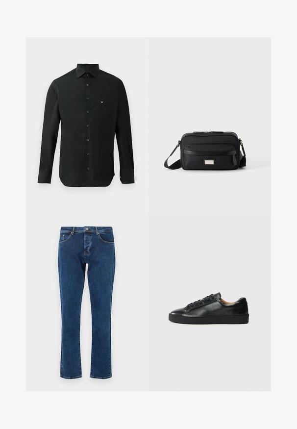 Sort langærmet skjorte lavet af glat stof, med en spids krave, knaplukning og et lille hvidt logo på venstre bryst.; Mørkeblå denimjeans med et lige ben-design, fem lommer og en metalknap i taljen. Glat tekstur med minimal falmning.; Sorte lædersneakers med en glat overflade, rund tå og snørebåndslukning. Har en tyk gummisål og minimal branddetalje.; Sort rektangulær crossbody-taske med front lynlåslomme, justerbar rem og sølv rektangulært logo mærke på ensfarvet baggrund.