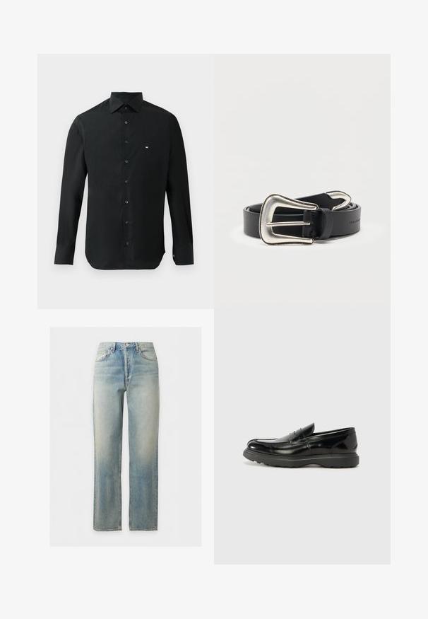 Chemise noire à manches longues en tissu lisse, avec un col pointu, une patte de boutonnage et un petit logo blanc sur la poitrine gauche.; Jean en denim délavé bleu clair avec coupe droite, fermeture à boutons et zip sur le devant, et design cinq poches.; Mocassin en cuir noir avec une finition brillante, bout arrondi, détails de couture subtils et semelle en caoutchouc épaisse pour la durabilité.; Ceinture en cuir noir avec une grande boucle de style western argentée et une pointe de ceinture argentée assortie, enroulée sur un fond blanc.