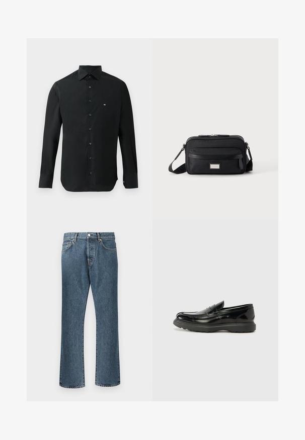 Chemise noire à manches longues en tissu lisse, avec un col pointu, une patte de boutonnage et un petit logo blanc sur la poitrine gauche.; Jean en denim bleu avec une coupe droite, dotés d'une fermeture classique à bouton et à glissière, de cinq poches et d’un léger délavage.; Mocassin en cuir noir avec une finition brillante, bout arrondi, détails de couture subtils et semelle en caoutchouc épaisse pour la durabilité.; Sac bandoulière rectangulaire noir avec poche avant zippée, sangle réglable et plaque logo rectangulaire argentée sur fond uni.