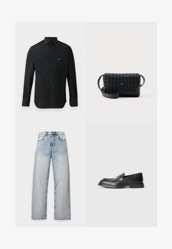 Zwarte longsleeve shirt van gladde stof, met een puntige kraag, knoopsluiting en een klein wit logo op de linkerkant van de borst.; Lichtblauwe gewassen denim jeans met rechte pijpen, klassiek ontwerp met vijf zakken en knoopsluiting in de taille.; Zwarte leren loafers met een gestructureerde afwerking, voorzien van een decoratieve voorstrik en een afgeronde neus. Rubberzool voor duurzaamheid.; Zwarte crossbodytas met een gestructureerd oppervlak, een klepsluiting en een klein metalen logo aan de voorkant, afgebeeld tegen een effen achtergrond.