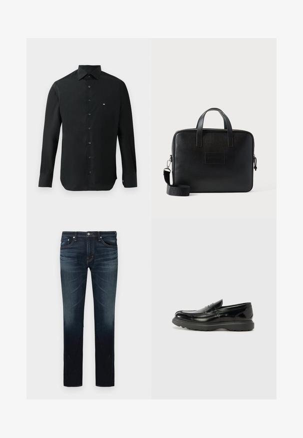 Zwarte longsleeve shirt van gladde stof, met een puntige kraag, knoopsluiting en een klein wit logo op de linkerkant van de borst.; Donkerblauwe slim-fit jeans met lichte vervaging op de dijen en knieën, vijfzakkenontwerp en knoopsluiting in de taille.; Zwarte leren instapper met een glanzende afwerking, een ronde neus, subtiele stiksels en een dikke rubberen zool voor duurzaamheid.; Zwarte leren laptoptas met twee bovenhandvatten, een afneembare schouderriem, een textuur oppervlak en een rechthoekige vorm. Geëmboste logopatch zichtbaar.