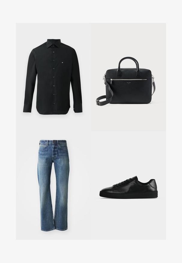 Chemise noire à manches longues en tissu lisse, avec un col pointu, une patte de boutonnage et un petit logo blanc sur la poitrine gauche.; Jeans en denim de couleur bleu clair à moyen, coupe droite, design classique à cinq poches et décoloration subtile à l'avant.; Sneaker noir en cuir à profil bas avec lacets sur le devant et semelle plate texturée, montré de profil sur un fond neutre.; Serviette rectangulaire en cuir noir texturé avec double poignée, poche avant zippée et bandoulière réglable présentée sur fond blanc.