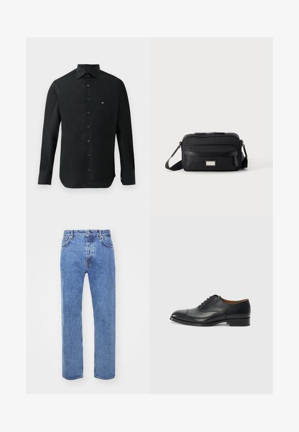 Sort langærmet skjorte lavet af glat stof, med en spids krave, knaplukning og et lille hvidt logo på venstre bryst.; Won Hundred STEVE - Jeans Relaxed Fit - cut blue; Sort lædersko med glat overflade, rund tå, fem snørrehuller og lav blokhæl. Minimalistisk design med diskret syninger.; Sort rektangulær crossbody-taske med front lynlåslomme, justerbar rem og sølv rektangulært logo mærke på ensfarvet baggrund.