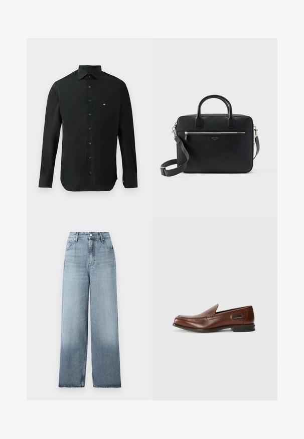 Schwarzes langärmliges Hemd aus glattem Stoff mit spitzem Kragen, Knopfleiste und kleinem weißen Logo auf der linken Brust.; Hellblaue, hoch taillierte Jeans mit weitem Bein, Knopf- und Reißverschluss, Fronttaschen und Gürtelschlaufen auf einfarbigem Hintergrund.; Stuart Weitzman BURT - Slipper - auburn; Schwarze strukturierte rechteckige Lederaktentasche mit Doppelgriffen, vorderer Reißverschlusstasche und verstellbarem Schultergurt, auf weißem Hintergrund dargestellt.
