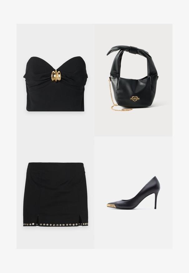 Top negro sin tirantes hecho de una tela suave, con un diseño de frente retorcido y un acento de hardware dorado en el centro.; Ludovic de Saint Sernin LISETTE - Minifalda - black; Zapato de tacón alto de cuero negro con punta puntiaguda, punta metálica dorada grabada con "Versace Jeans Couture", mostrado de lado sobre fondo blanco.; Bolso Love Moschino de piel negra suave con asa anudada y correa de cadena dorada sobre fondo blanco.
