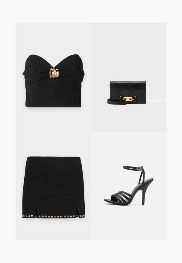 Schwarzes, trägerloses Top aus glattem Stoff, mit einem gedrehten Frontdesign und einem goldenen Hardware-Akzent in der Mitte.; Ludovic de Saint Sernin LISETTE - Minirock - black; Schwarze, sandalenähnliche Hochzeitschuhe mit schmalem Knöchellenker, offener Zehenpartie und glatter Oberfläche. Verfügt über einen schlanken Absatz und ein strukturiertes Riemendesign.; Schwarze, strukturierte, rechteckige Clutch mit goldfarbenem Metallverschluss und befestigtem dünnem Handgelenksriemen auf weißem Hintergrund.
