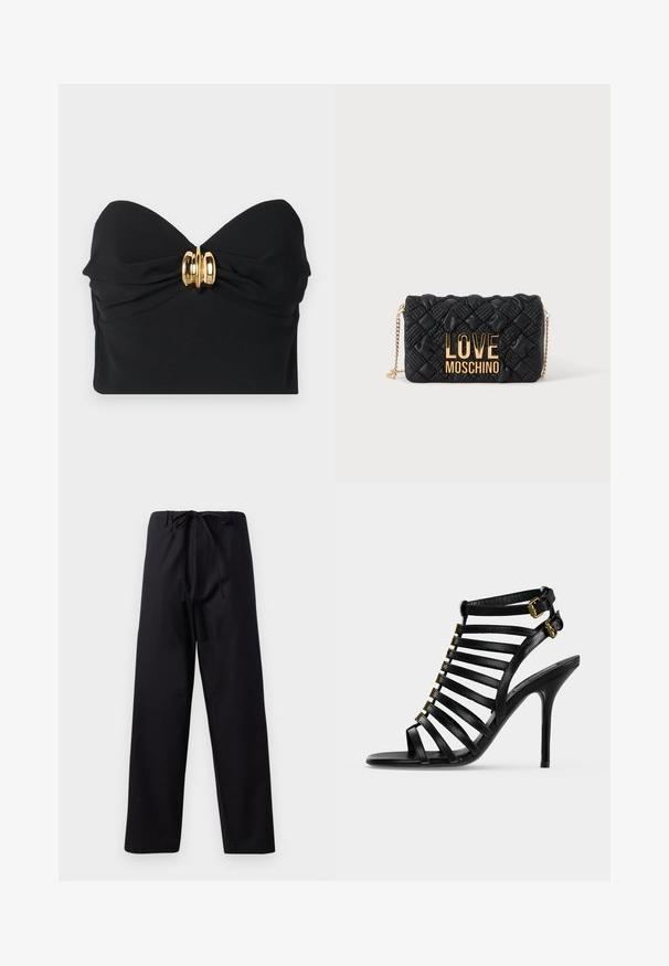 Top negro sin tirantes hecho de una tela suave, con un diseño de frente retorcido y un acento de hardware dorado en el centro.; Pantalones negros de peso medio con cintura ajustable, diseño de pierna recta y sin patrones o acentos visibles. Textura suave.; Sandalia de tacón alto de cuero negro con múltiples correas horizontales y dos hebillas doradas en el tobillo, sobre un fondo liso claro.; Bolso bandolera negro acolchado con correa de cadena dorada y gran logo dorado "LOVE MOSCHINO" en el frente.