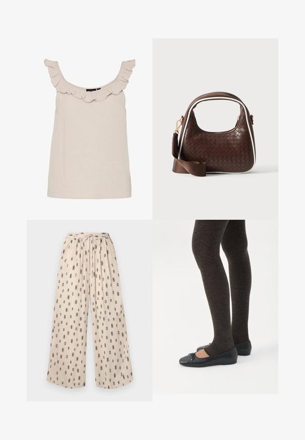 Top débardeur beige clair avec un col froncé. Fabriqué en tissu texturé, il présente une coupe décontractée et de larges bretelles.; Pantalons larges beige avec une taille à nouer, ornés d'un motif de losanges noirs. Fabriqués dans un tissu léger pour plus de confort.; Jambes portant des leggings côtelés foncés associés à des ballerines noires avec de petits détails en nœud sur fond blanc.; Sac à main en cuir tressé marron avec passepoil blanc, fermeture éclair dorée et bandoulière amovible en tissu marron.