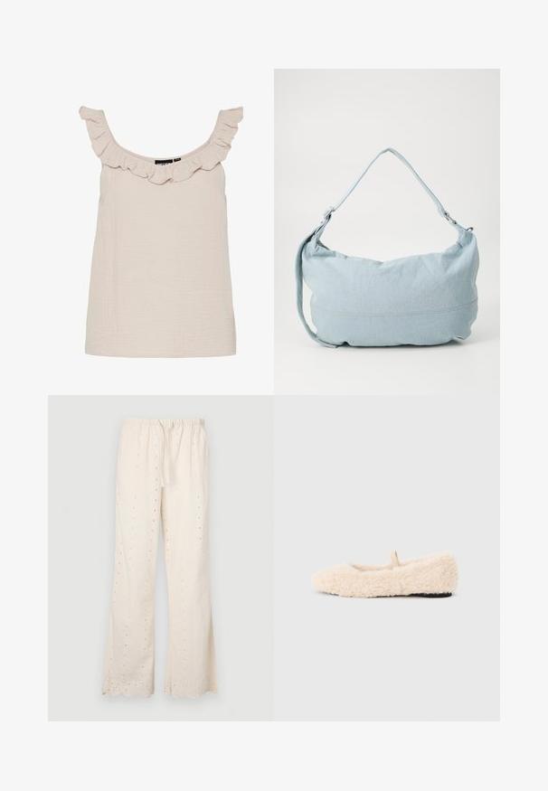 Top débardeur beige clair avec un col froncé. Fabriqué en tissu texturé, il présente une coupe décontractée et de larges bretelles.; Pantalons de couleur crème, amples, avec une taille élastique, un cordon de serrage et des détails en œillets le long du tissu et de l'ourlet. Bords en dents de scie.; Chausson doux, de couleur crème, avec une texture moelleuse, un bout arrondi, un design minimal et une petite boucle en tissu à l'arrière pour un enfilage facile.; Sac à dos en denim bleu clair de forme arrondie, avec une bandoulière ajustable et un subtil détail de couture le long du bas. Texture douce.