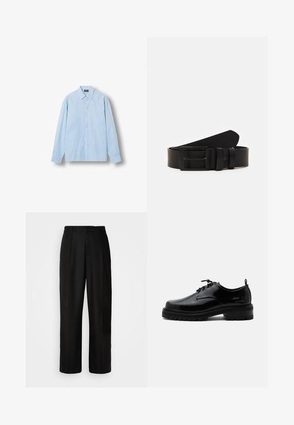 Camisa azul claro con botones, con finas rayas blancas verticales, mangas largas y cuello puntiagudo, mostrada plana sobre un fondo blanco.; Pantalones negros con corte recto, textura suave, pliegues frontales y cintura estándar. Diseño minimalista sin patrones adicionales.; Zapato de piel negra pulida con cordones, suela gruesa de goma y tacón bajo, con texto de la marca "SAMSOE" en el lateral y lengüeta trasera.; Cinturón de cuero negro enrollado con una hebilla metálica rectangular negra mate y dos trabillas sobre un fondo blanco.