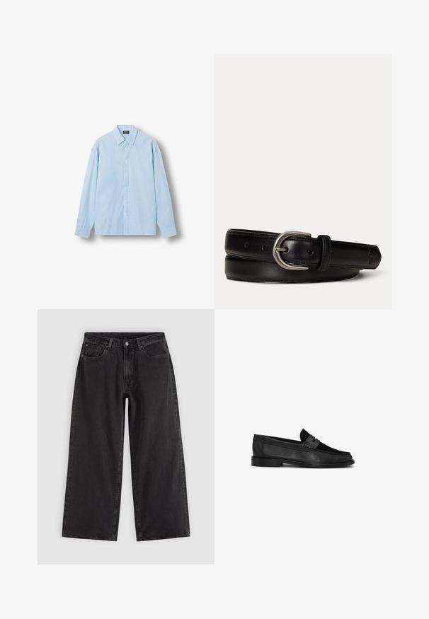 Chemise bleu clair à boutons, avec fines rayures blanches verticales, manches longues et col pointu, présentée à plat sur fond blanc.; Jean en denim noir à jambes larges avec poches avant, passants pour ceinture et fermeture par boutons, présenté sur un fond clair uni.; Mocassin en cuir noir avec un bout arrondi, un talon bas, des détails cousus et une bride sur la partie supérieure de la chaussure.; Ceinture en cuir noir avec boucle ovale argentée, bords cousus et petit logo embossé près de la pointe effilée, posée enroulée sur un fond blanc.