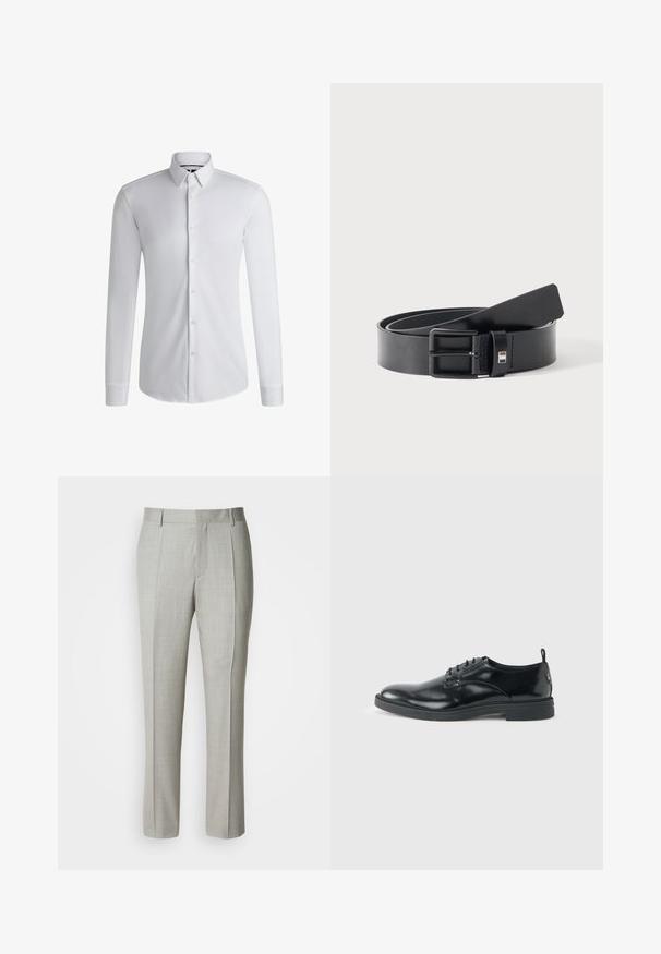 Chemise blanche à manches longues en tissu lisse, dotée d'un col boutonné et d'une rangée de boutons sur le devant. Design uni.; Pantalon tailleur gris clair en tissu lisse, présentant une coupe droite, des plis à l'avant, et une ceinture classique avec passants pour ceinture.; Chaussure habillée en cuir noir brillant avec un petit talon, fermeture à lacets et bout rond, vue de côté sur un fond uni et clair.; Ceinture en cuir noir avec boucle métallique noire mate, légèrement enroulée avec l'extrémité de la lanière reposant sur une surface blanche.