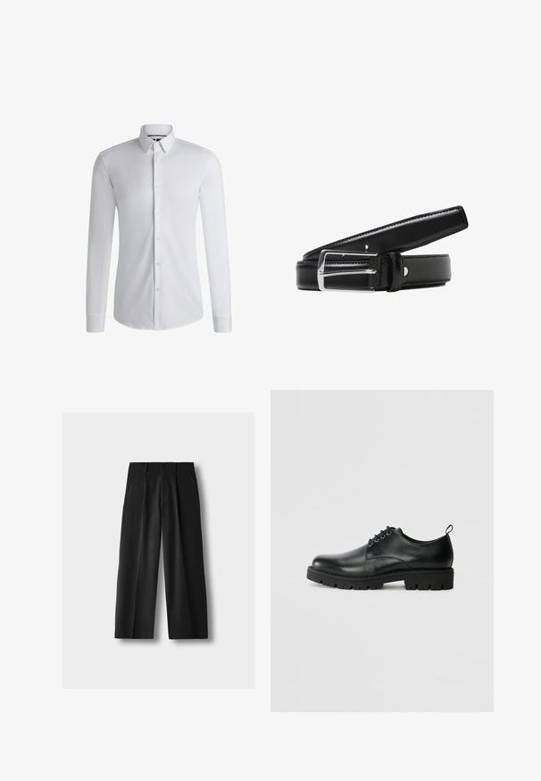 Chemise blanche à manches longues en tissu lisse, dotée d'un col boutonné et d'une rangée de boutons sur le devant. Design uni.; Pantalon large noir taille haute avec plis à l'avant, poches latérales, passants pour ceinture et fermeture par bouton sur fond gris clair.; Chaussure en cuir noir à bout arrondi, présentant un design à lacets, une semelle en caoutchouc noire robuste et un petit onglet de talon à l'arrière.; Ceinture en cuir noir dotée d'une boucle en métal argenté brilliante, texture lisse et plusieurs trous d'ajustement le long de la sangle.