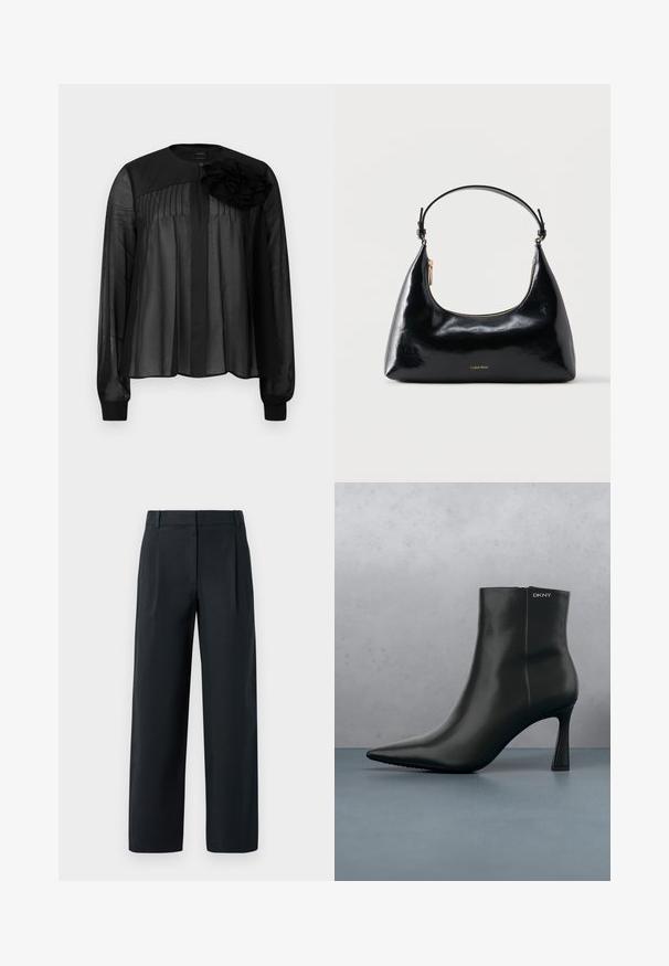 Schwarze Bluse mit langen transparenten Ärmeln, die vordere Falten und ein mehrlagiges Stoffblütenakzent an der linken Schulter aufweist. Knopfverschluss am Hals.; Schwarze, maßgeschneiderte Hose mit geradem Bein, vorn mit Falten, einer glatten Textur und Gürtelschlaufen. Keine sichtbaren Taschen.; Schwarze Leder-Stiefelette mit spitzem Zehenbereich und einem geometrischen Absatz. Verfügt über dezente Branding-Elemente und eine glatte Textur. Der Hintergrund zeigt strukturierte Fliesen.; Schwarze, glänzende Calvin Klein Handtasche mit goldfarbenem Reißverschluss und kurzem Trageriemen vor schlichtem weißem Hintergrund.