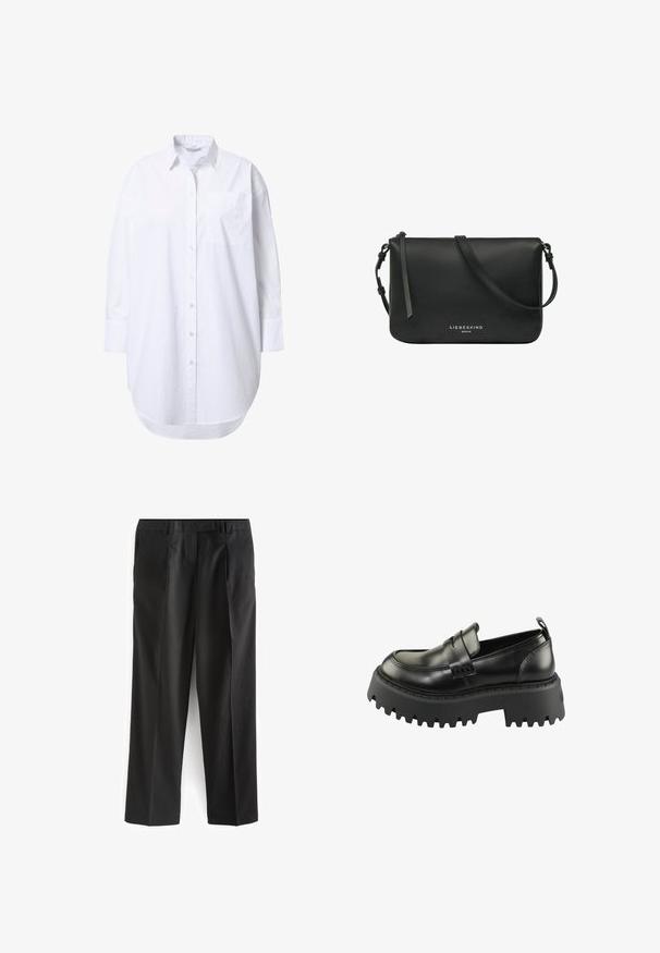 Chemise blanche oversize boutonnée, manches longues, col pointu, poche avant et ourlet légèrement arrondi.; Pantalons noirs à jambe droite en tissu lisse, dotés de deux poches avant et d'une taille plate. Design minimaliste, sans motifs visibles.; Mocassins en cuir noir avec une semelle en caoutchouc noir épaisse et texturée. Présentent un bout rond et une sangle décorative sur le coup de pied.; Sac bandoulière en cuir noir avec sangle réglable et fermeture éclair, marqué "Liebeskind Berlin" en texte blanc au centre avant.
