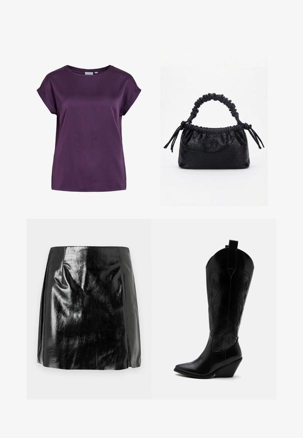 Blouse femme à manches courtes de couleur violet foncé avec un col rond et des détails de poignets pliés sur les manches.; Mini jupe en simili cuir noir brillant avec des détails de couture subtils et une légère fente avant sur fond blanc.; Botte de cowboy en cuir noir avec bout pointu, talon bloc incliné, couture décorative et languettes en haut sur fond blanc.; Sac à main noir avec texture crocodile, bord supérieur froncé, poignée plissée et pompons à cordon de chaque côté sur fond blanc.