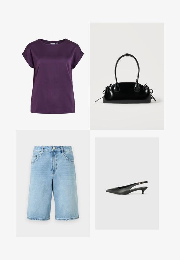 Blouse femme à manches courtes de couleur violet foncé avec un col rond et des détails de poignets pliés sur les manches.; Shorts en denim bleu clair avec bouton et fermeture éclair à l'avant, passants pour ceinture et poches avant, présentés sur un fond blanc uni.; Chaussure slingback noire à bout pointu en cuir lisse. Présente un talon fin et un détail de boucle sur la sangle réglable.; Petit sac à main noir brillant avec deux longues anses et des détails à cordon sur les côtés sur un fond clair uni.