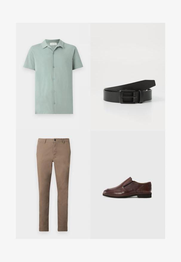 Chemise vert clair à manches courtes avec col, cinq boutons sur le devant, et une étiquette Pier One à l’intérieur du col.; Pantalon marron ajusté pour homme avec fermeture à boutons et zip sur le devant, passants de ceinture et poches latérales, présenté à plat sur fond blanc.; Chaussure marron en cuir à enfiler, avec un bout arrondi, des accents élastiques sur les côtés et une semelle en caoutchouc basse. Présente des détails de couture discrets le long du bord.; Ceinture en cuir noir avec une boucle en métal noir mat, présentant une texture lisse et un design simple. Longueur réglable avec une extrémité effilée.