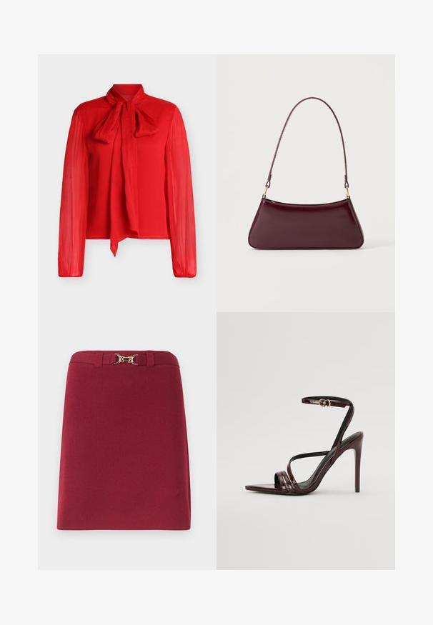 Blouse rouge à manches longues avec un col noué en forme de nœud, présentant une texture transparente et un design côtelé. Légère et légèrement cintrée à la taille.; Jupe bordeaux longueur genou avec passants de ceinture et détail boucle mors dorée à la taille.; Sandale à talons hauts en cuir verni bourgogne avec une bride de cheville, bout pointu et trois bandes horizontales sur le pied. Détail de boucle dorée.; Sac à main brillant bordeaux foncé avec une anse fine unique et une forme trapézoïdale élégante sur un fond clair uni.