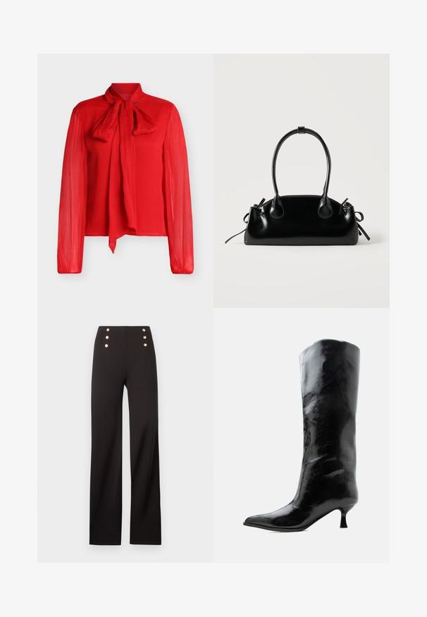 Blouse rouge à manches longues avec un col noué en forme de nœud, présentant une texture transparente et un design côtelé. Légère et légèrement cintrée à la taille.; Pantalon noir taille haute à jambes larges avec six boutons décoratifs dorés disposés en deux rangées verticales près de la taille.; Botte en cuir noire brillante, haute jusqu'au genou, avec bout pointu et talon bas courbé sur un fond clair uni.; Petit sac à main noir brillant avec deux longues anses et des détails à cordon sur les côtés sur un fond clair uni.