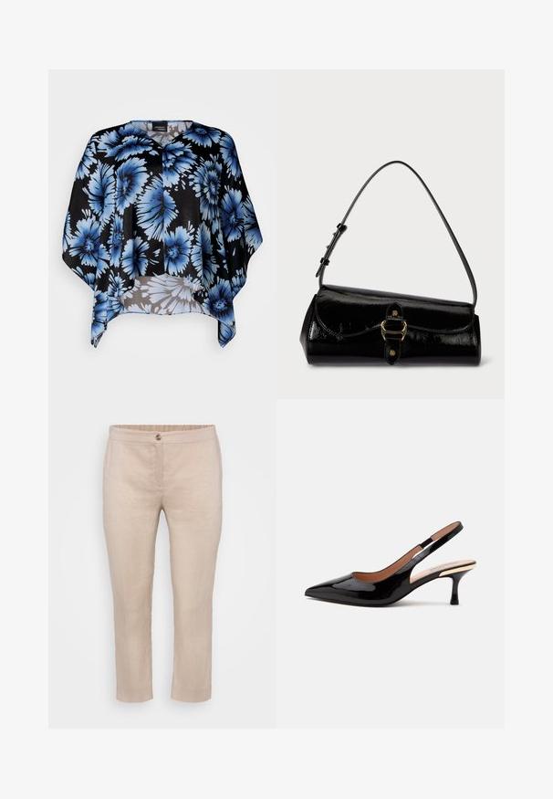 Sort floralprint kappe med store blå blomster, blødt stof, løs pasform og V-hals design. Med glatte teksturer og flydende form.; Beige linned cropped bukser med flad front, knaplukning og elastisk talje. Glat tekstur med minimale sømme og ingen lommer.; Sort laklæder slingback pumpe med spids tå og lav kitten hæl på en ens hvid baggrund.; Sort patentlæder håndtaske med en rund form, en aftagelig skulderrem og en guld spænde lukning på forsiden. Glat tekstur.