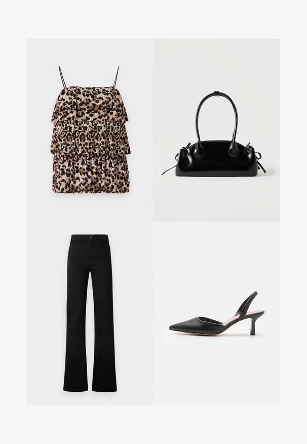 Top en imprimé léopard avec trois volants en cascade, conçu en tissu léger. Présente des bretelles noires fines et une texture plissée beige et marron.; Jeans noirs à taille haute, jambes droites, avec poches avant, passants pour ceinture, fermeture par bouton, et ourlets légèrement évasés sur fond blanc.; Chaussure slingback en cuir noir avec un bout pointu, un talon fin et un design épuré, présentant une silhouette élégante et une texture lisse.; Petit sac à main noir brillant avec deux longues anses et des détails à cordon sur les côtés sur un fond clair uni.
