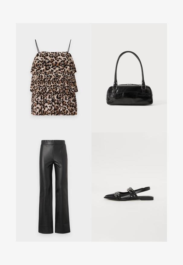 Top en imprimé léopard avec trois volants en cascade, conçu en tissu léger. Présente des bretelles noires fines et une texture plissée beige et marron.; Pantalon évasé en faux cuir noir avec une texture lisse, une taille haute et sans matériel ou embellissements visibles. Design de jambe droite.; Even&Odd by Zalando Ballerines à brides arrière - black; Sac à main en cuir noir de forme rectangulaire, doté d'une seule ansse structurée, de quincaillerie argentée et d'une fermeture éclair. Texture lisse.
