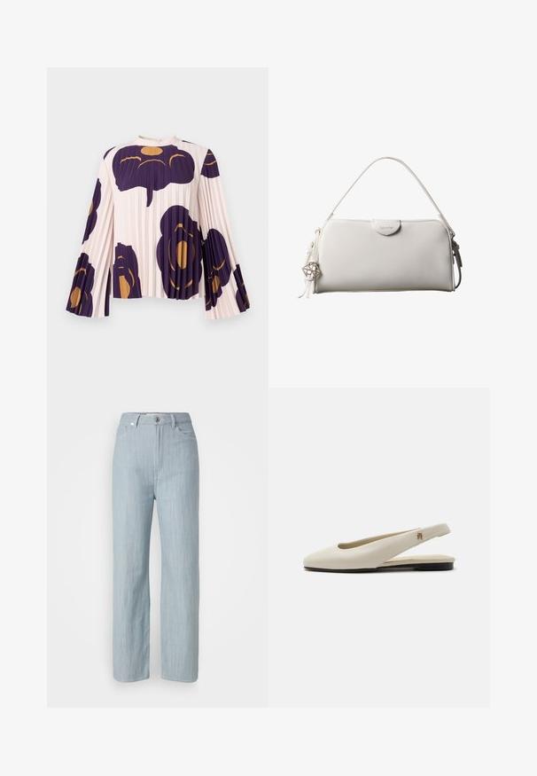 Bluse mit Falten und langen Glockenärmeln in hellrosa, mit großen dunkelvioletten und goldenen Blumenmustern. Hoher Ausschnitt mit Knopfverschluss.; Helle blaue gerade geschnittene Jeans aus Denim. Verfügt über fünf Taschen, einen Metallknopfverschluss und dezente Waschungen für zusätzliche Textur.; cremefarbiger Lederslingback-Flachschuh mit rundem Zehenbereich und kleinem goldfarbenem Emblem am Riemen.; Weiße rechteckige Calvin Klein Handtasche mit einem einzelnen Henkel, minimalistischem Design und dekorativen Quasten mit geometrischem Metallanhänger an der Seite.