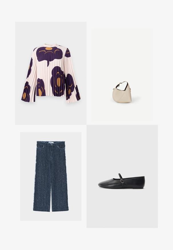 Bluse mit Falten und langen Glockenärmeln in hellrosa, mit großen dunkelvioletten und goldenen Blumenmustern. Hoher Ausschnitt mit Knopfverschluss.; Weit geschnittene Jeanshose in Dunkelblau mit strukturierter Oberfläche, ausgefransten Seitenähten, vier Taschen und einer vorderen Knopfleiste.; Schwarze Leder-Ballettschuhe mit spitzem Schuhzeug, flacher Sohle und einem kleinen Riemen mit silberner Schnalle.; Beige Ledertasche in Halbmondform mit einem einzelnen Schulterriemen und minimaler Nahtgestaltung, vor einem schlichten weißen Hintergrund.