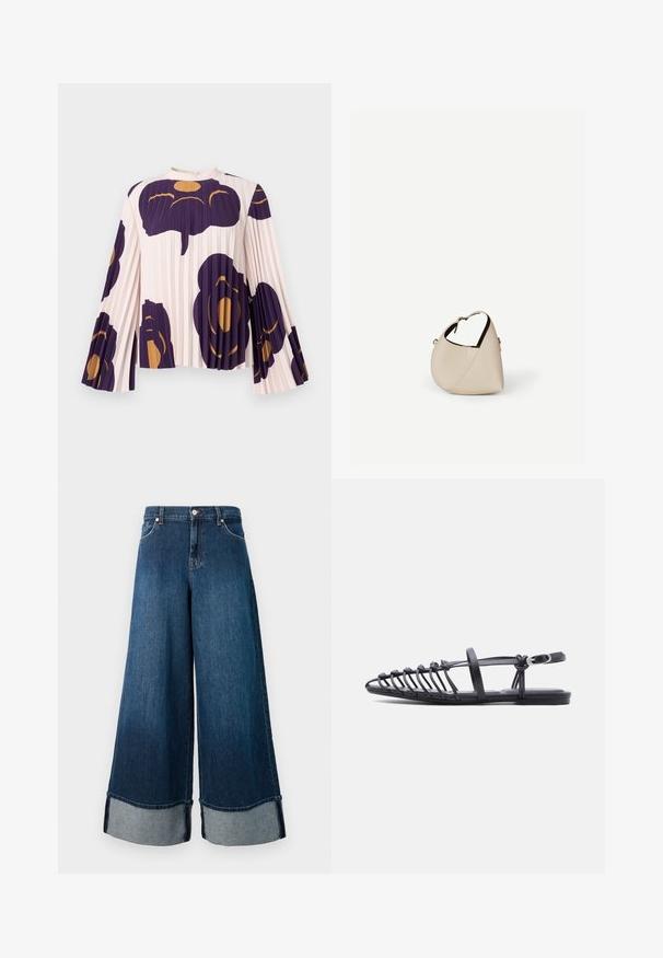 Plissée blouse met lange klokmouwen in lichtroze, met grote donkerpaarse en gouden bloemenpatronen. Hoge halslijn met knoopsluiting.; Wijdvallende denim jeans in donkere was met een vervaagde afwerking. Heeft een onafgewerkte zoom en een lichtere denim omslag. Inclusief zijzakken en knoopsluiting.; Zwarte platte sandaal met meerdere dunne bandjes, een enkelfiguur met gesp en een open-toe kooi-ontwerp op een witte achtergrond.; Beige leren handtas in halvemaanvorm met een enkele schouderband en minimale stiksels, afgebeeld tegen een effen witte achtergrond.