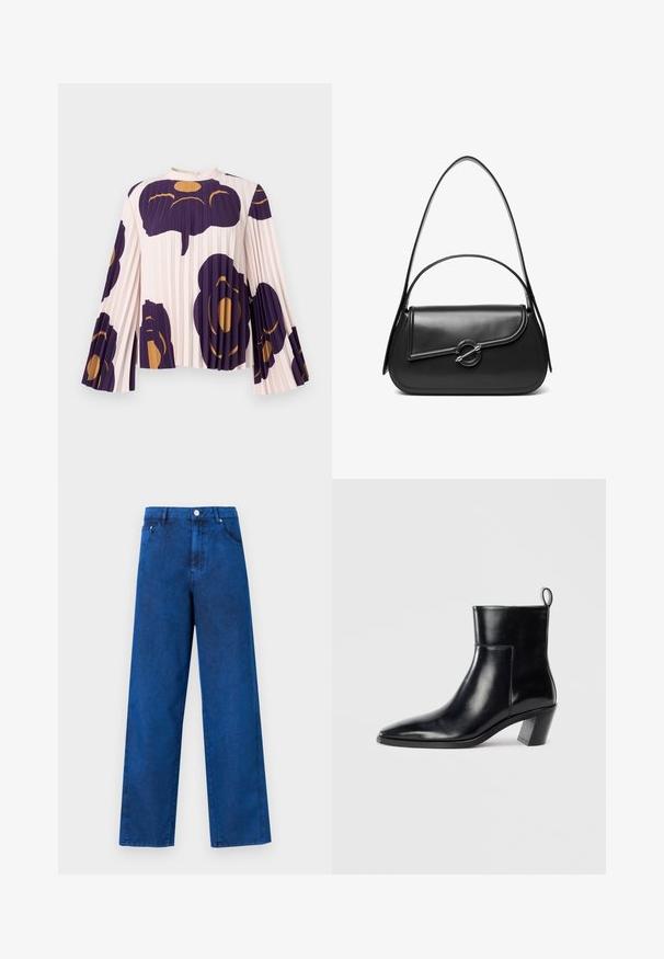 Plisseret bluse med lange klokkeærmer i lyserød, med store mørkelilla og gyldne blomsterprint. Høj hals med knaplukning.; Blå denim bredbenede bukser med høj talje, der har stikninger, forlommer og metalknaplukning.; Sort læder ankelstøvle med spids tå, geometrisk stablet hæl og en løftestrop bagpå. Glat tekstur og slankt design.; Sort skuldertaske i læder med en buet klap, der er fastgjort med en rund metal spænde, og en slank, justerbar rem.
