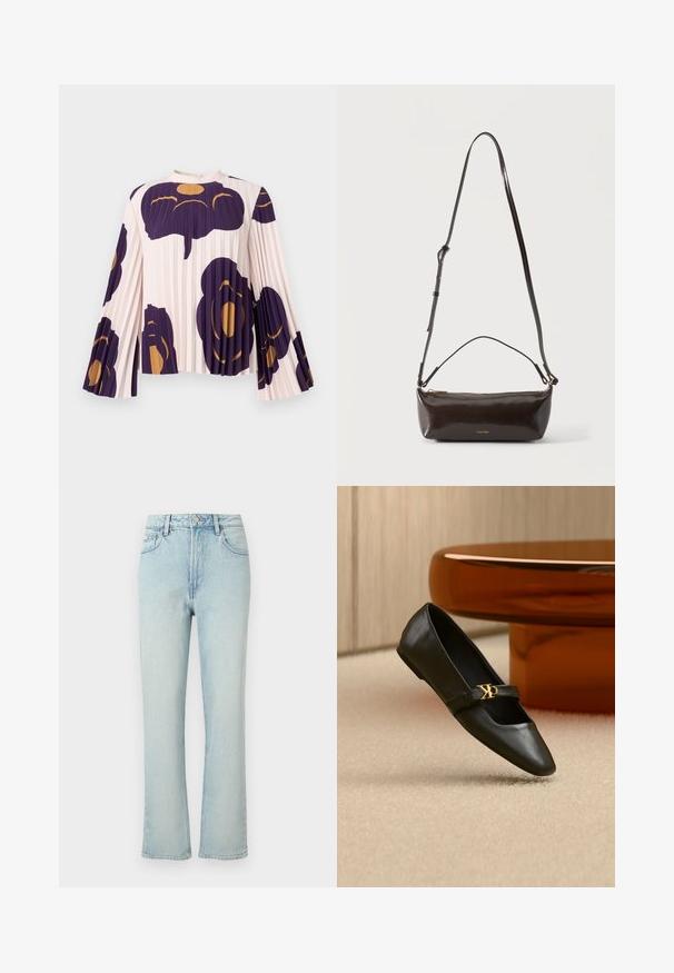 Bluse mit Falten und langen Glockenärmeln in hellrosa, mit großen dunkelvioletten und goldenen Blumenmustern. Hoher Ausschnitt mit Knopfverschluss.; Hellblaue Jeans mit hoher Taille und geradem Bein, vorne mit Knopf, Gürtelschlaufen und klassischem Fünf-Taschen-Design auf einfarbigem Hintergrund.; Schwarzer flacher Lederschuh mit spitzer Kappe und goldenem CK-Logo auf dem Riemen, auf beigem Teppich neben einem runden bernsteinbraunen Tisch platziert.; Kleine glänzende dunkelbraune Leder-Schultertasche mit verstellbarem Riemen, Tragegriff oben und goldfarbenem Reißverschluss.