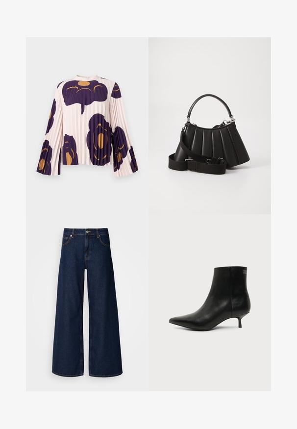 Plisseret bluse med lange klokkeærmer i lyserød, med store mørkelilla og gyldne blomsterprint. Høj hals med knaplukning.; Bredde ben mørkeblå denimbukser med høj talje, frontlommer og knaplukning. Har kontrastsyninger og en glat tekstur.; Sort læder ankelstøvle med spids tå og lav kitten hæl på lys baggrund, der viser yderside.; Sort plisseret handbag med et rundet håndtag, justerbar rem og blank overflade. Har sølvfarvet hardware og en struktureret silhuet.