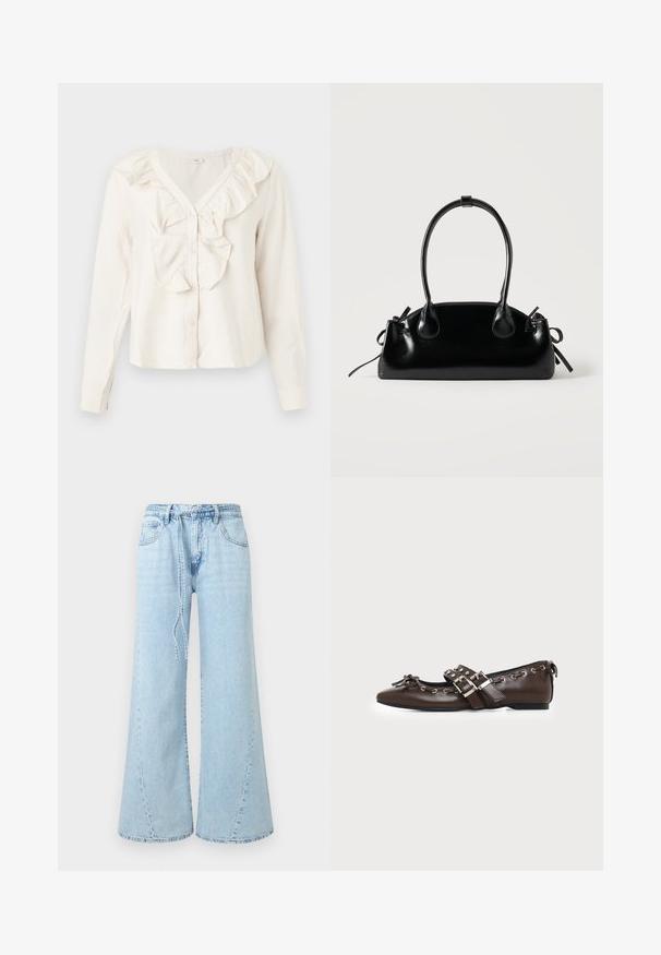 Blusa blanca de manga larga con escote en V, botones delanteros y un borde con volantes alrededor del cuello y el área de los botones.; Vaqueros de mezclilla azul claro de pierna ancha con bolsillos delanteros, trabillas para cinturón y un cinturón atado suelto en la cintura sobre un fondo liso.; Zapato plano de cuero marrón oscuro con puntera puntiaguda, doble hebilla plateada, ojales metálicos y lazo decorativo en la parte delantera.; Pequeño bolso negro brillante con dos asas largas y detalles de cordón lateral sobre un fondo claro liso.